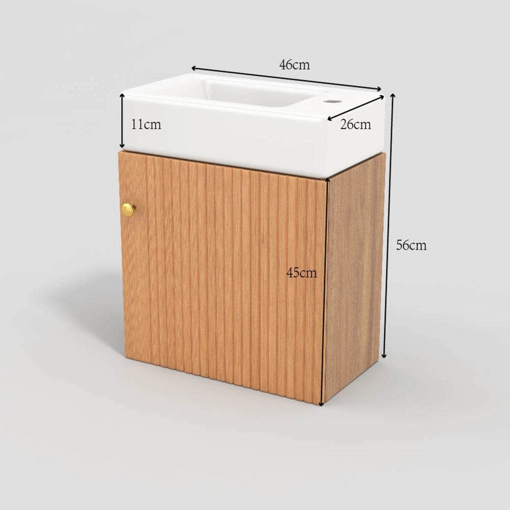 Mobile sottolavabo con lavabo in ceramica e anta con chiusura ammortizzata per bagno piccolo in MDF legno naturale