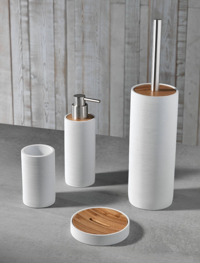 Set 4 Accessori da Bagno in Resina TFT Accessories Bianco Rigato e Bambù