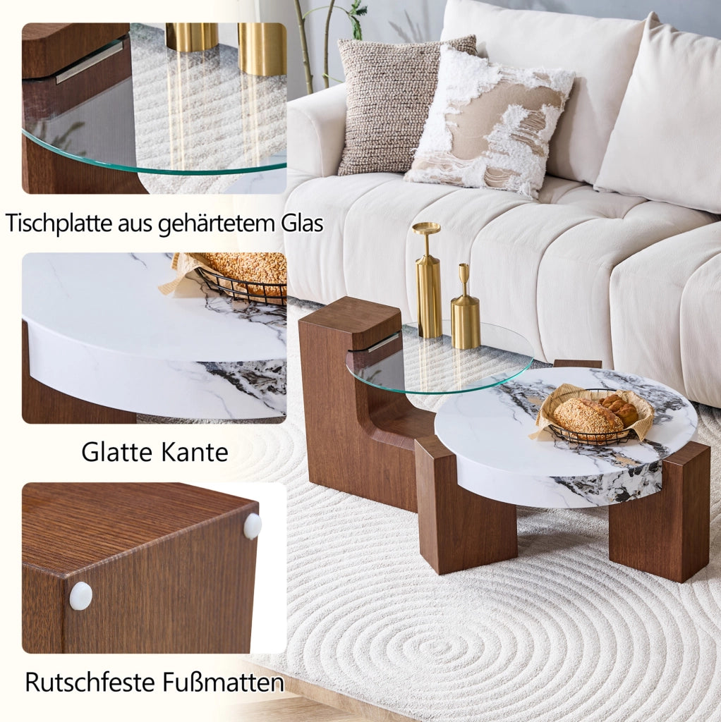 Set di tavolini da salotto rotondi 2 pezzi in MDF effetto noce; vetro trasparente; bianco marmo; 61 cm