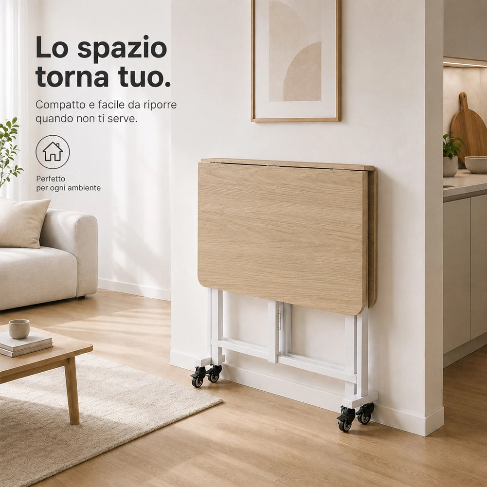 Tavolo Pieghevole da Pranzo Scrivania Multiuso con Ruote Quercia 120x80x75cm