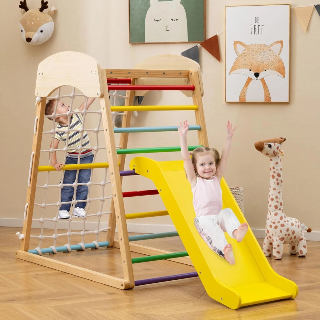 Set Arrampicata 4 in 1, Parco Giochi Interno in Legno con Sbarre Rete da Arrampicata e Scala da Arrampicata, per Bambini 1 Anno+ (colorato)