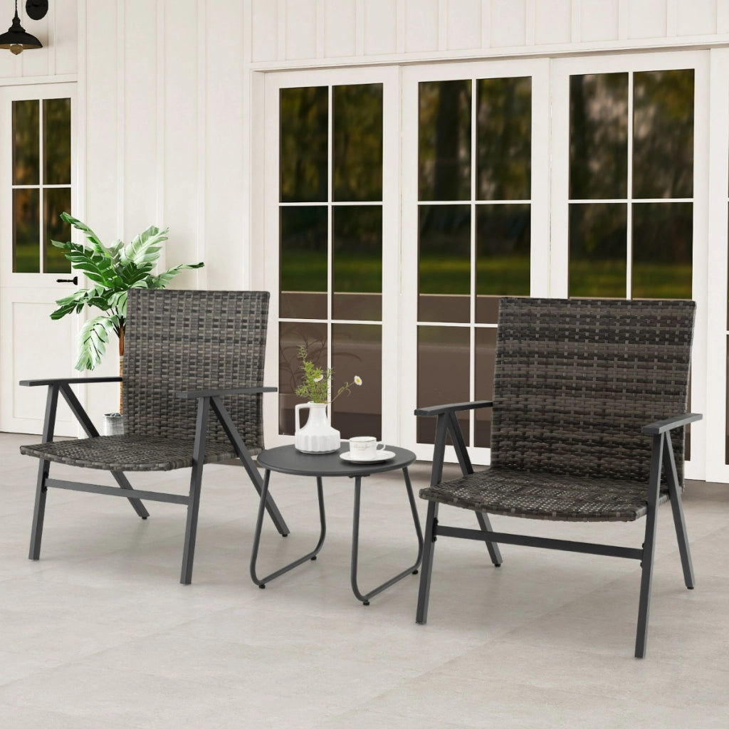Set bistro da 3 pezzi per patio con schienale e seduta in rattan, Set conversazioni con tavolino rotondo per balcone Grigio-Set mobili da esterno