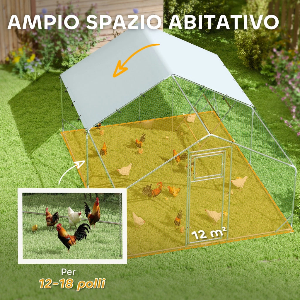 Recinto per Galline da 12 mq 300x400x195 cm per 12-18 Animali con Tetto Impermeabile Mangiatoia e Posatoio Argento