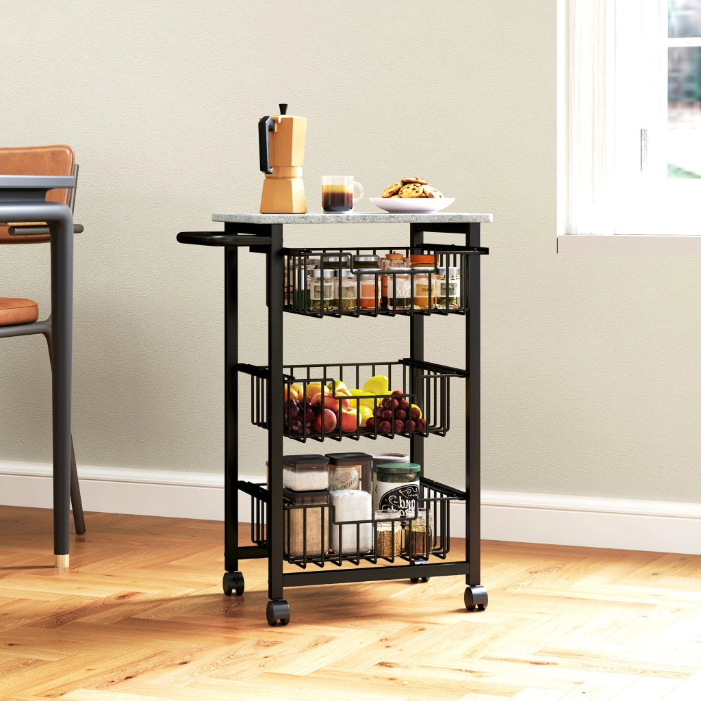 Carrello da Cucina 49,5x31x69 cm a 3 Cestelli con Maniglia in Acciaio e Legno Nero e Grigio Chiaro