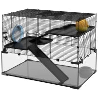 Gabbia per Criceti a 3 Livelli con Base in Vetro Temperato, Ruota e Accessori, 76.5x48.5x54.5 cm, Nero