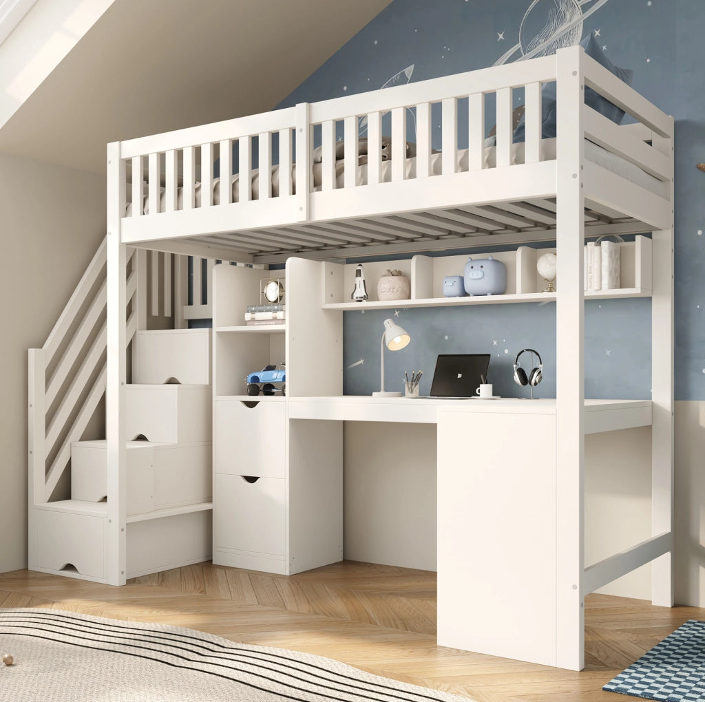Letto a soppalco 90x200 cm bianco con scala contenitore e scrivania angolare