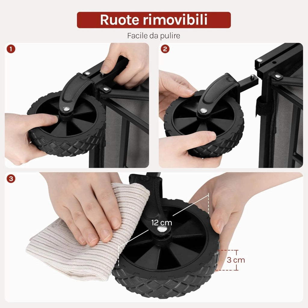 Carrello da Giardino Pieghevole con Ruote, 2 Portabicchieri, Pannello Posteriore Ribaltabile, Manico a Ritorno Automatico, Carrello Portata 150 kg, Telaio in Metallo, per Esterno, Grigio