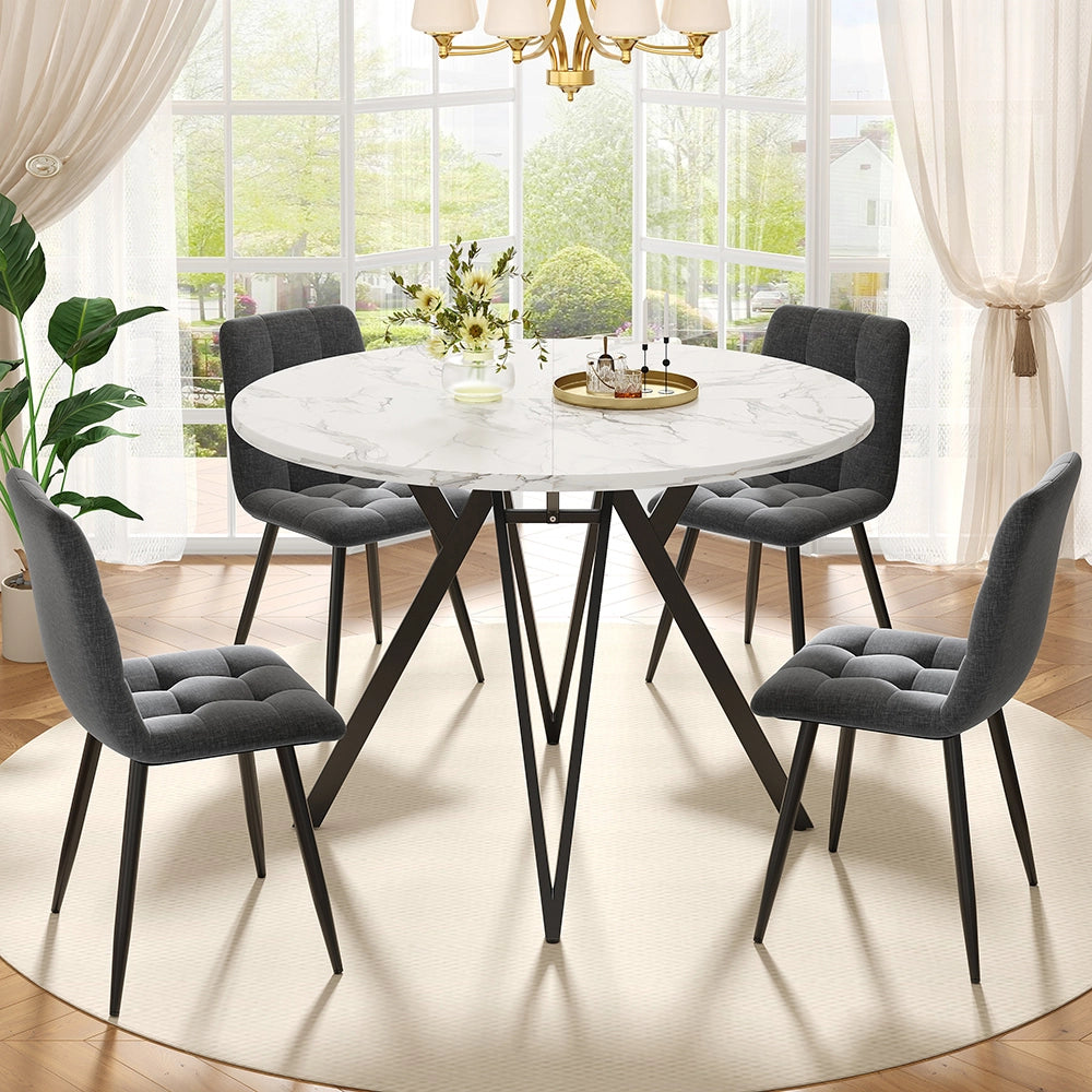 Set tavolo-Xylo-100cm rotondo 4 sedie grigio piedi neri piano marmorizzato