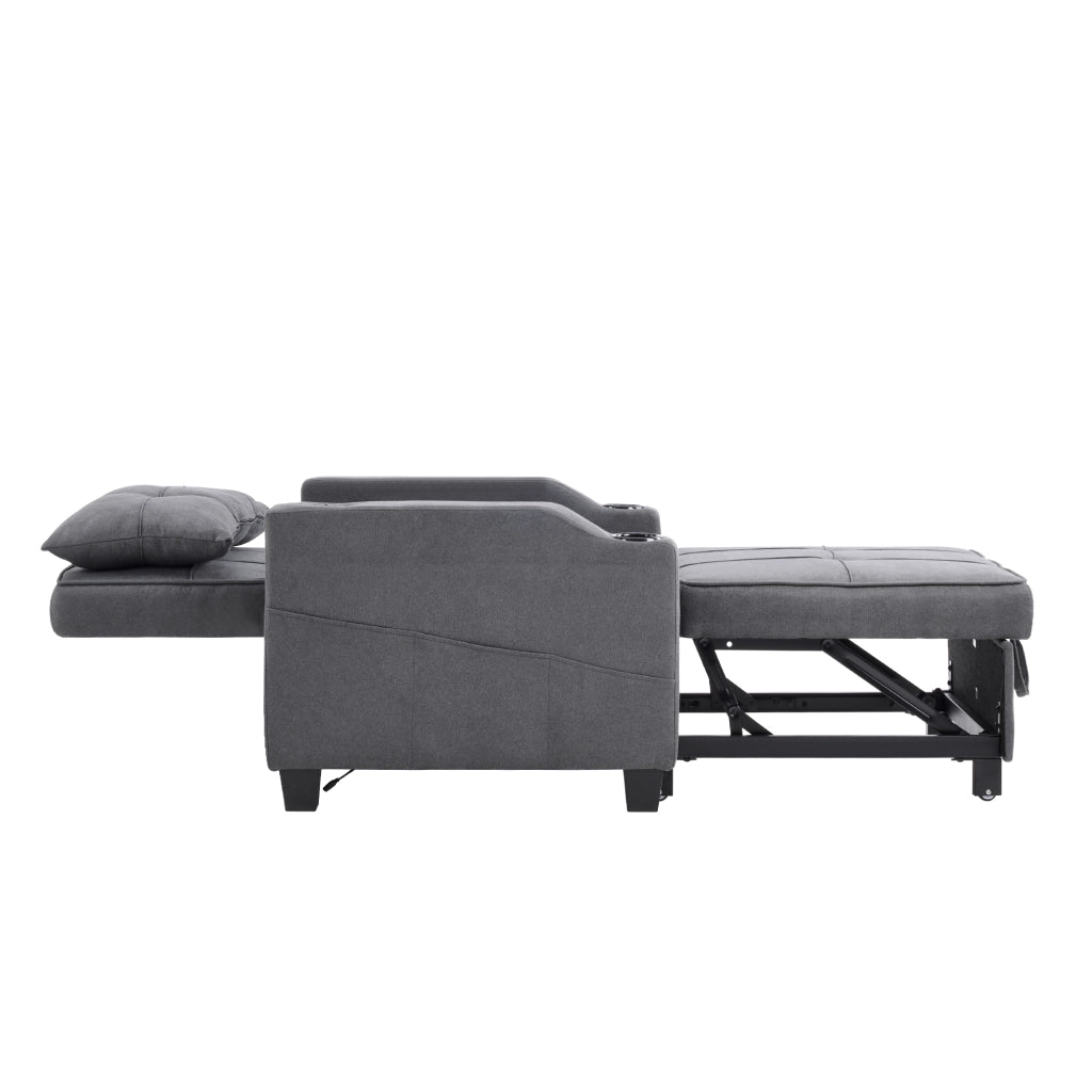 Poltrona letto 3 in 1 con portabicchieri USB e schienale regolabile in legno e metallo grigio scuro