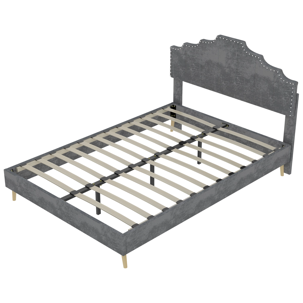Letto 140 × 200 cm con testiera imbottita in tessuto e struttura in metallo grigio