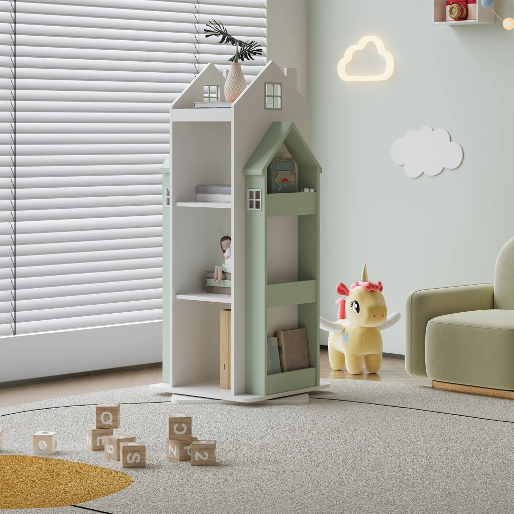 Scaffale Girevole Vipsali per Cameretta Design Casetta 108x40x40 cm Menta Verde / Bianco [en.casa]