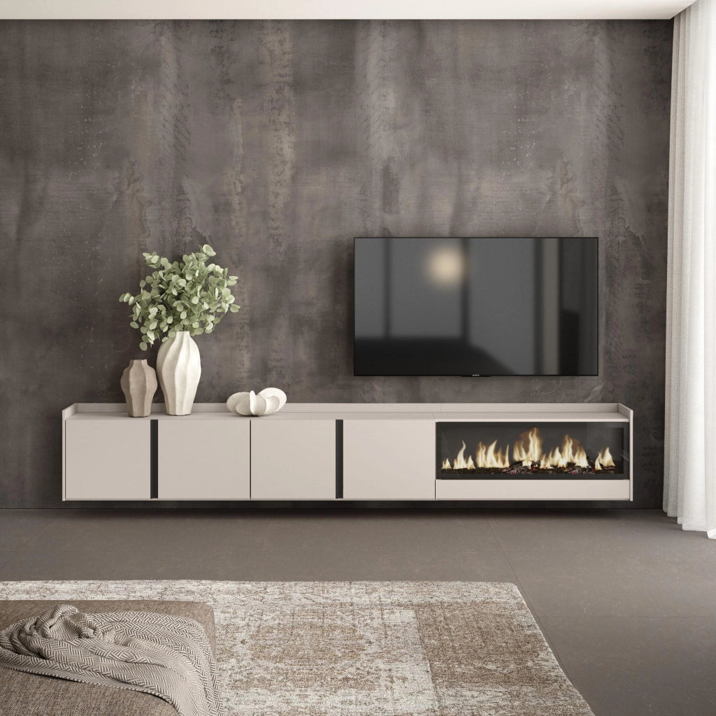 Mobile TV Soggiorno, 315x50x35 cm, Per TV fino a 80", Camino elettrico XXL, Sospeso, da appendere, Beige