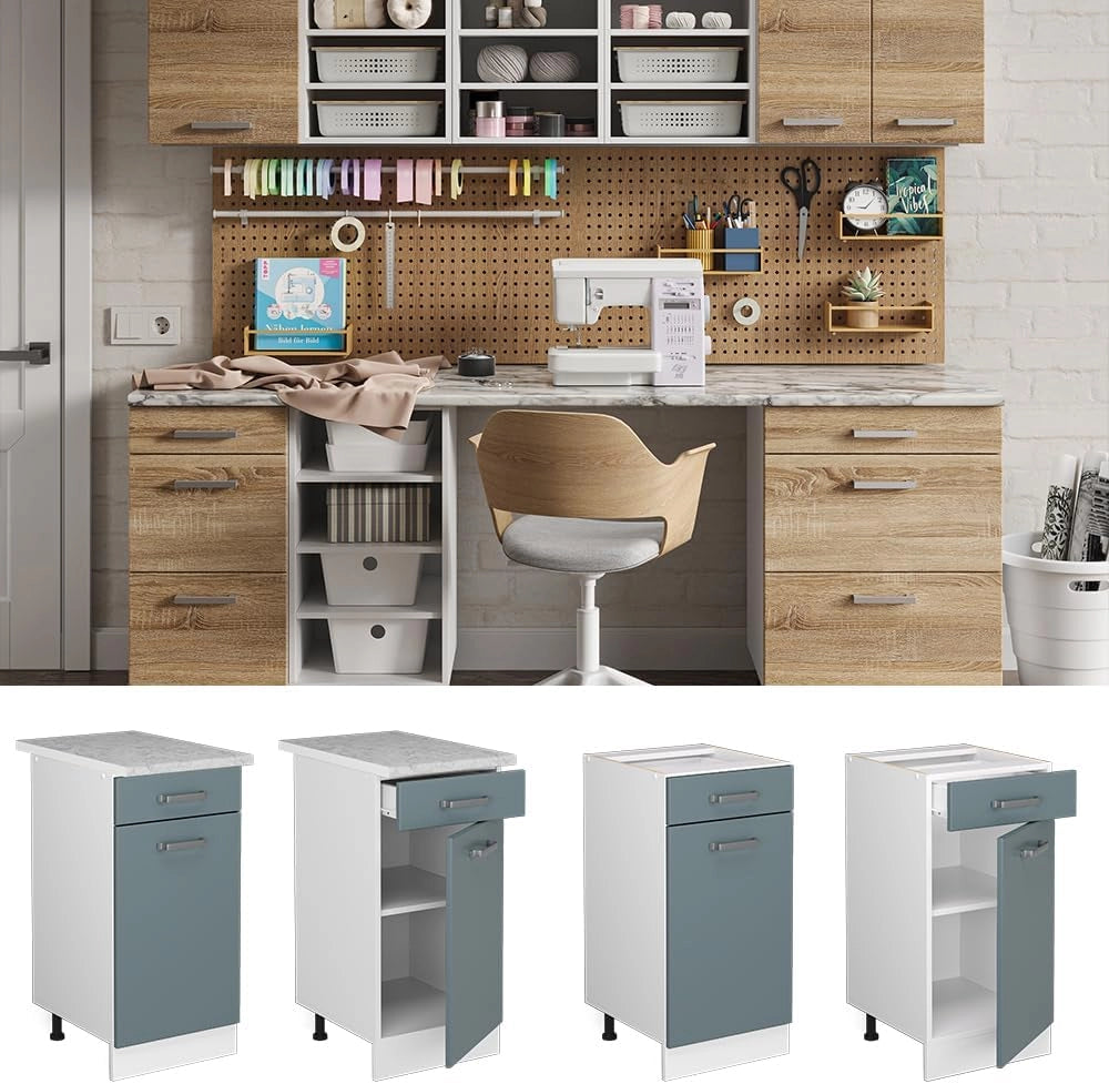 Base universale R-Line, Grigio-blu, 40 cm con cassetto, con piano di lavoro, adatto per essere riposto in modo salvaspazio nelle cucine componibili