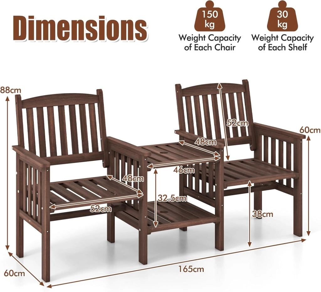 Set di salotto da giardino in un pezzo, in legno massello, 1 tavolo con foro per ombrelloni e 2 poltrone, mobili da esterno per cortile, patio, terrazza (carico 150 kg, marrone)