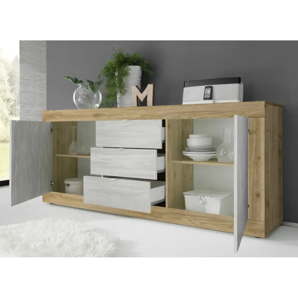 Credenza a 2 porte e 3 cassetti collezione ACCESS. Colori bianco e rovere chiaro.
