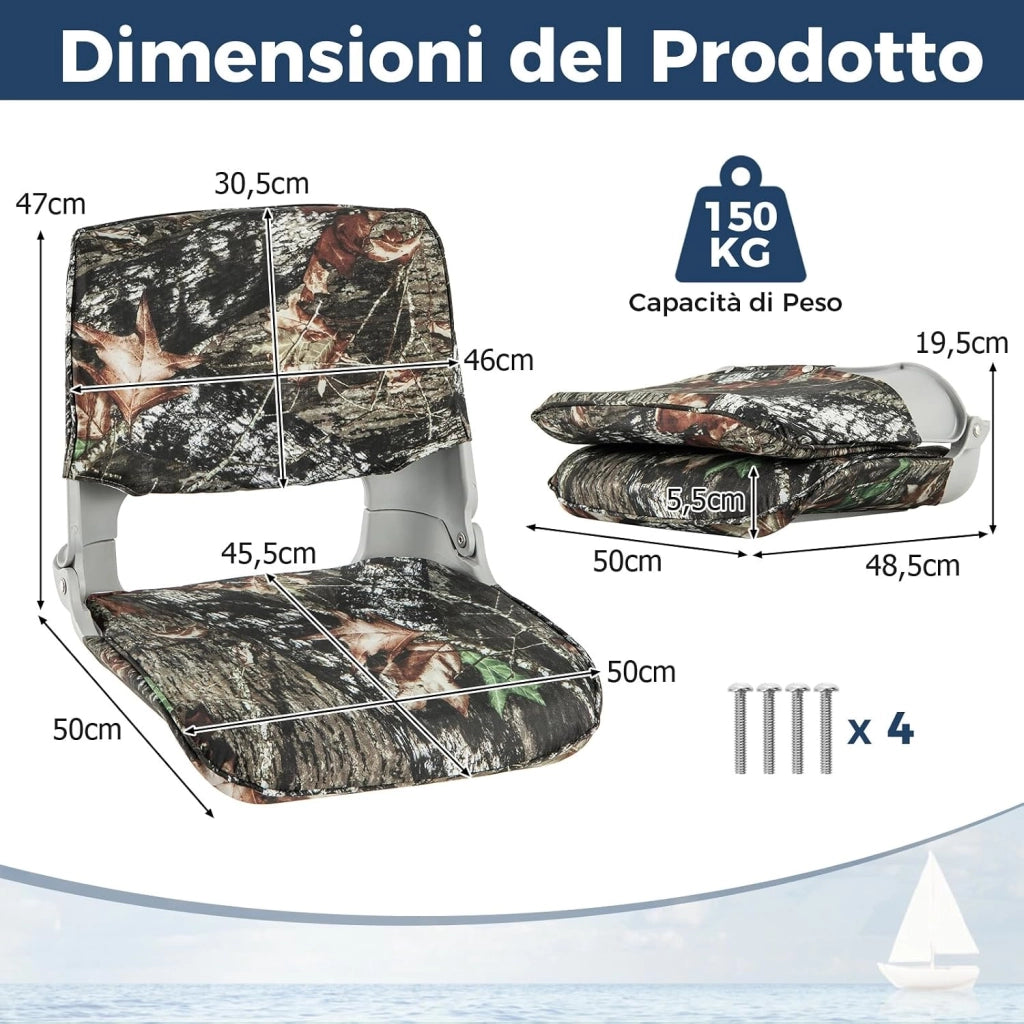 Sedia da Barca Pieghevole, Sedia con Schienale Basso con Cuscini Imbottiti in PVC, Telaio in PP, Bulloni di Fissaggio, Sedia Impermeabile per Barca da Pesca, Barca Turistica, 50 x 50 x 47 cm