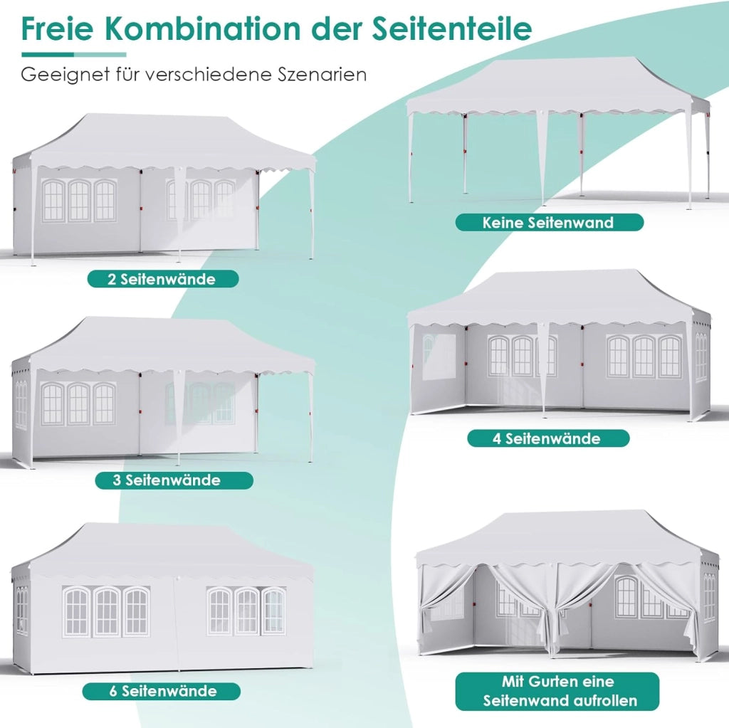 Gazebo 3x6 Pieghevole Impermeabile Con 6 Pareti Laterali - Tenda Protezione UV 50+ - 12 Chiodi Rettificati e 6 Corde - Per Esterno, Giardino, Campeggio, Matrimoni - Bianco