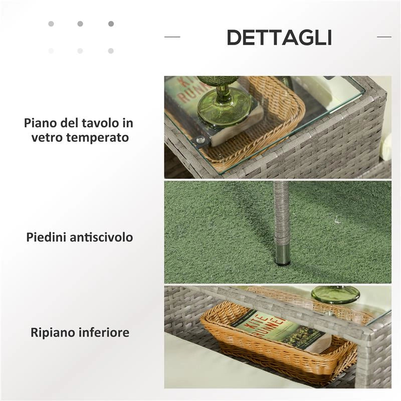 DIVANETTO PER ESTERNI 2 POSTI CON TAVOLINO DA CAFFÈ IN ACCIAIO E RATTAN PE 137X59X82 CM GRIGIO E CREMA