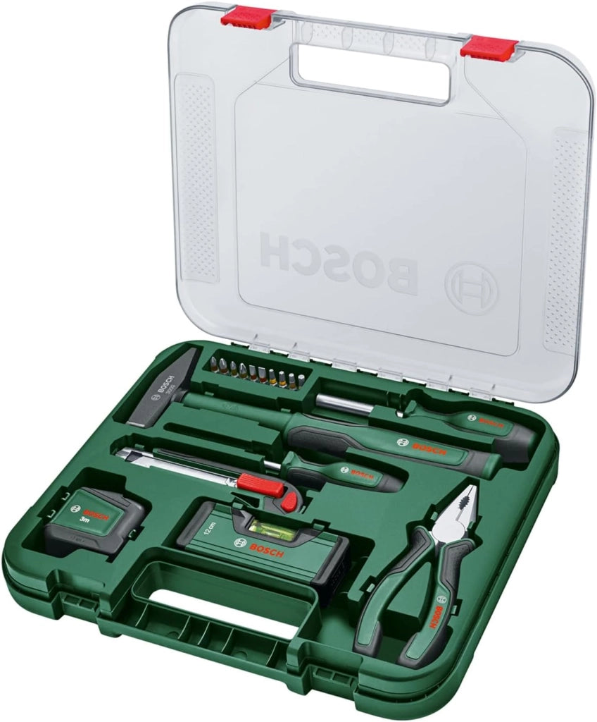 Bosch Set universale di utensili manuali 25 pz. (versatile kit per usi fai-da-te in ambito domestico; coltello ripiegabile; pinze combinate; metro a nastro; livella a bolla; e altro) - Amazon Edition