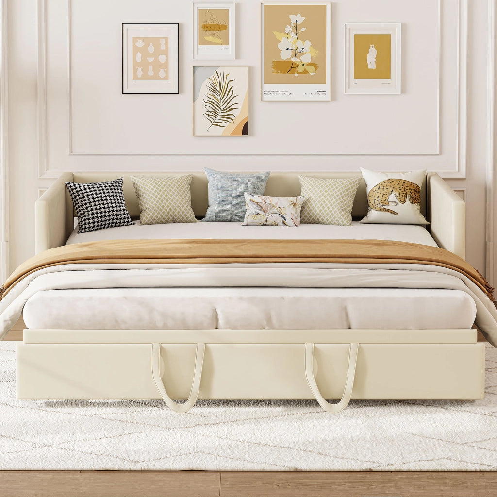 Divano‑letto multifunzione crema in velluto, meccanismo con ruote, montaggio veloce, divano trasformabile per appartamento