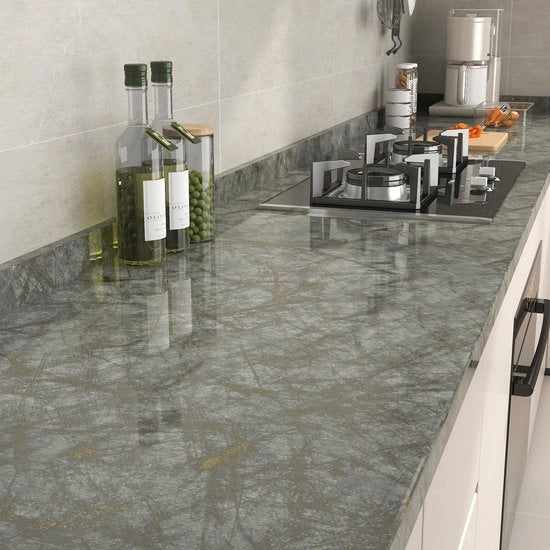 Pannelli di rivestimento per mobili, grigio, spessi, vinili, tavolo di lavoro, cucina, lucido, con craquelé oro, 40 cm x 3 m, rivestimento in marmo, pannelli per parete, soggiorno, moderno, grigio, rimovibili