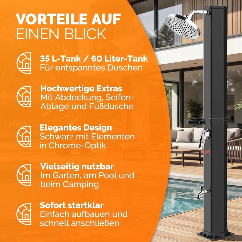 Monzana® Doccia Solare 60L Resistente ai Raggi UV Vassoio in Acciaio Inossidabile 105GSM Copertura Protettiva Doccino Regolabile a Pioggia Doccia Piscina Doccia Campeggio Acqua Calda 60°C Esterno