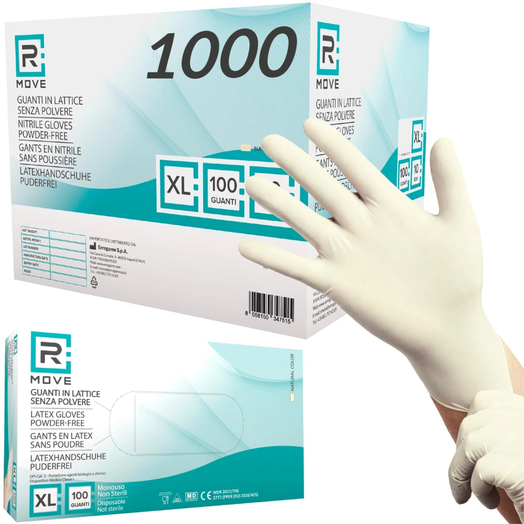1000 guanti in Lattice monouso 5,7gr senza polvere, alta sensibilità sia al tatto che al palmo, guanti usa e getta in lattice, 10 scatole da 100 guanti, dispostivo medico (1000, XL)