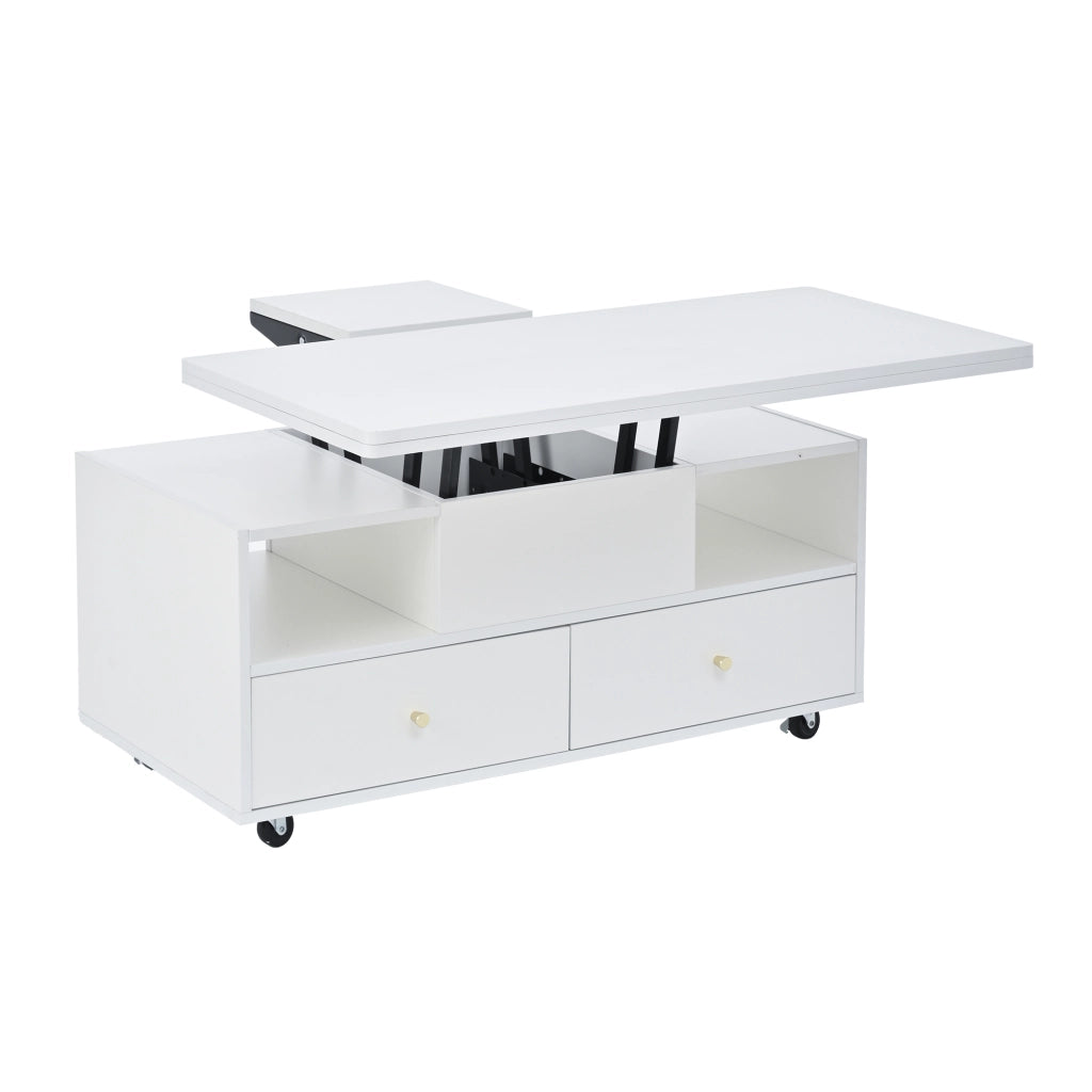 Tavolino Da Salotto Sollevabile con 4 Cassetti e Piano Ribaltabile; Idraulico; Stile Moderno; in MDF; 100×50×47;5 cm; Bianco
