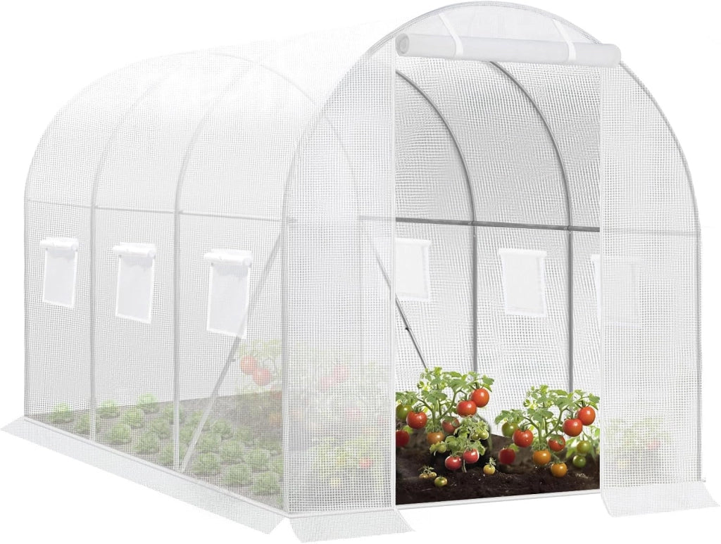 Serra da Giardino a Tunnel, Copertura per Piante da Esterno, in Rete PE e Tubi d’Acciaio Zincato, Porta Avvolgibile con Cerniere e 6 Finestre Laterali, 200x300x200 cm, Bianco
