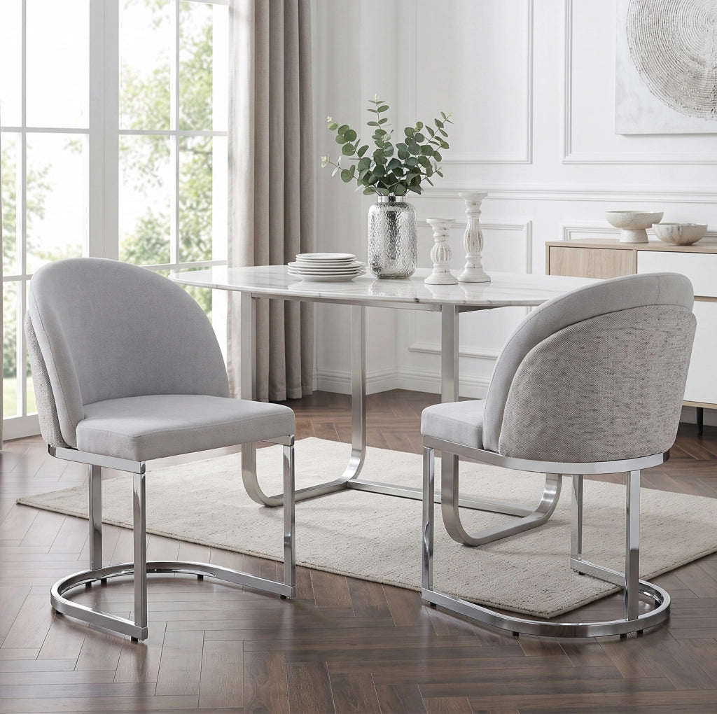 Set di 2 sedie da pranzo con doppio schienale in ciniglia e gambe in metallo; grigio e argento