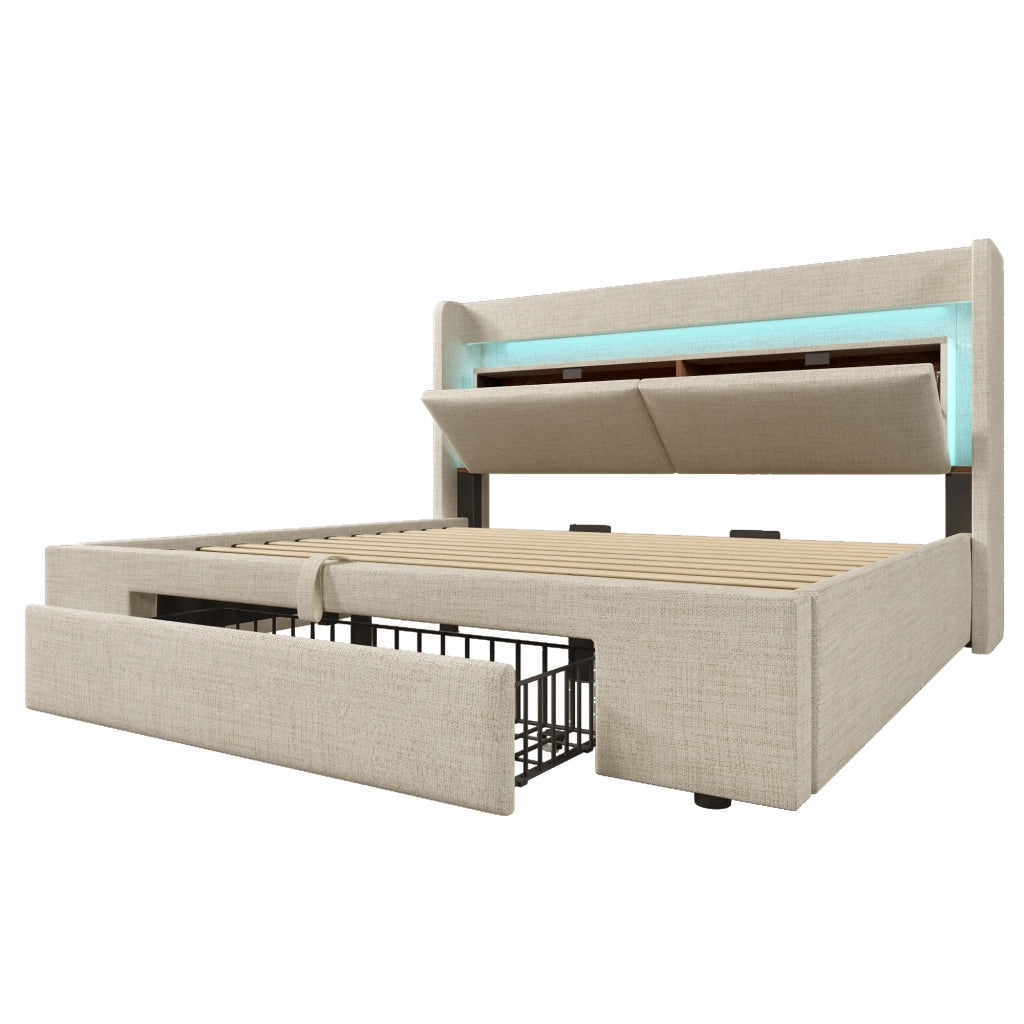 Letti contenitori 180x200 cm con testiera LED e USB; lino beige (Senza materasso)