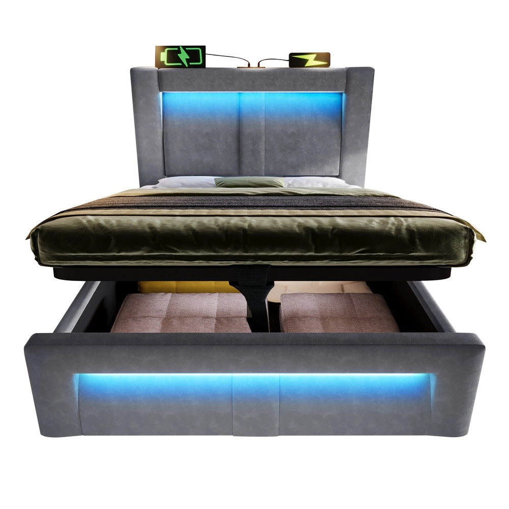 Letto Singolo Contenitore 90x200 ¨C MINIMAL ¨C Grigio Velluto, LED, USB, Testiera Curva, Idraulico