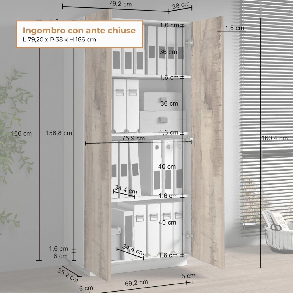 WHOUS Armadio multiuso Easy a 2 ante bianco opaco e acero 79,20x38x166 cm