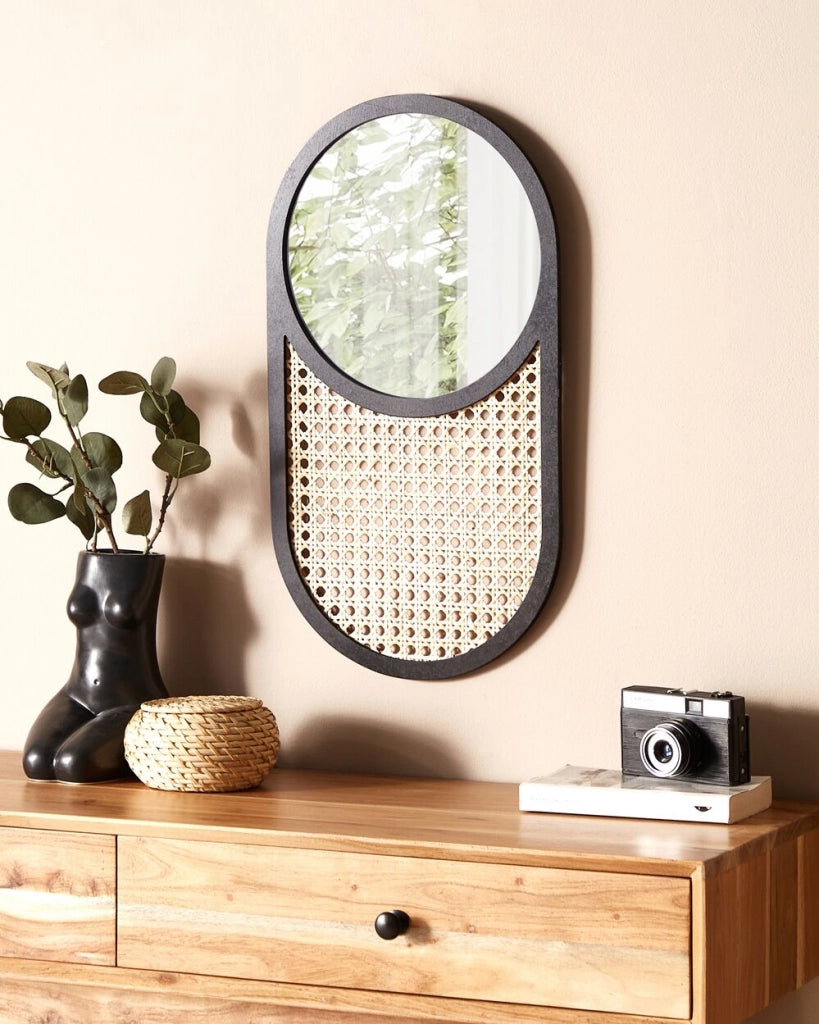 Specchio da parete in rattan chiaro nero 30 x 56 cm appeso Home Decor Viennese Braid Design Soggiorno corridoio camera da letto Boho Modern