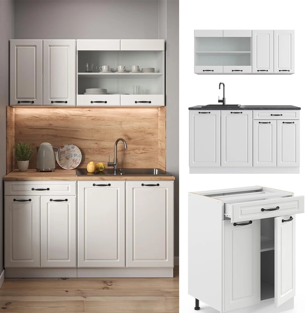 Cucina completa R-Line, Bianco casa di campagna, 140 cm senza piano di lavoro, adatto a spazi piccoli, espandibile in modo modulare