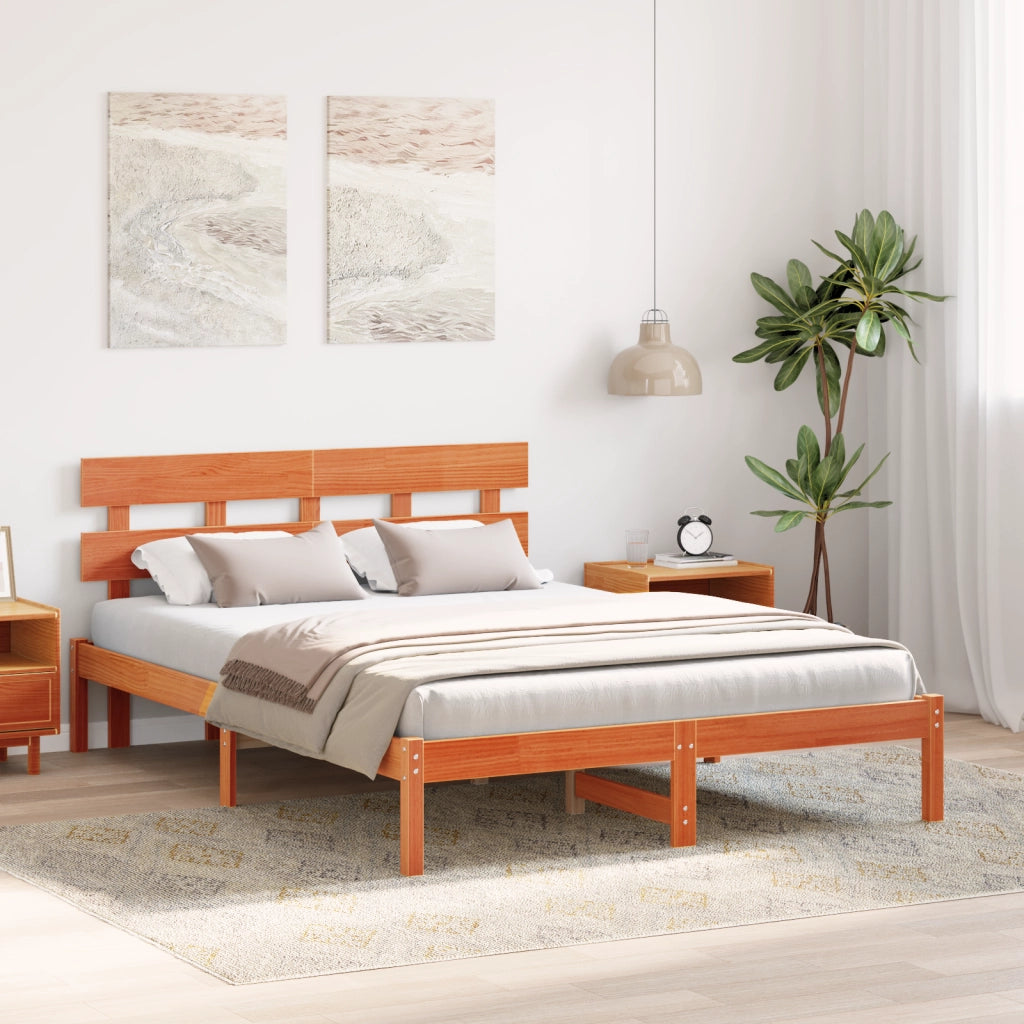 Struttura letto con testiera marrone cerato 150x200 cm in legno massello di pino
