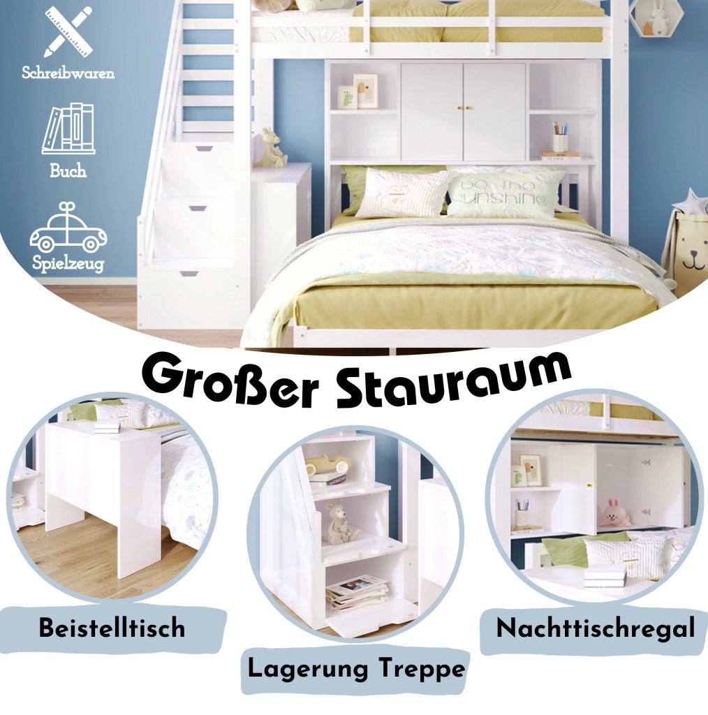 Letto a castello con scala contenitore; 90x200 cm + 140x200 cm; legno massello e MDF; bianco