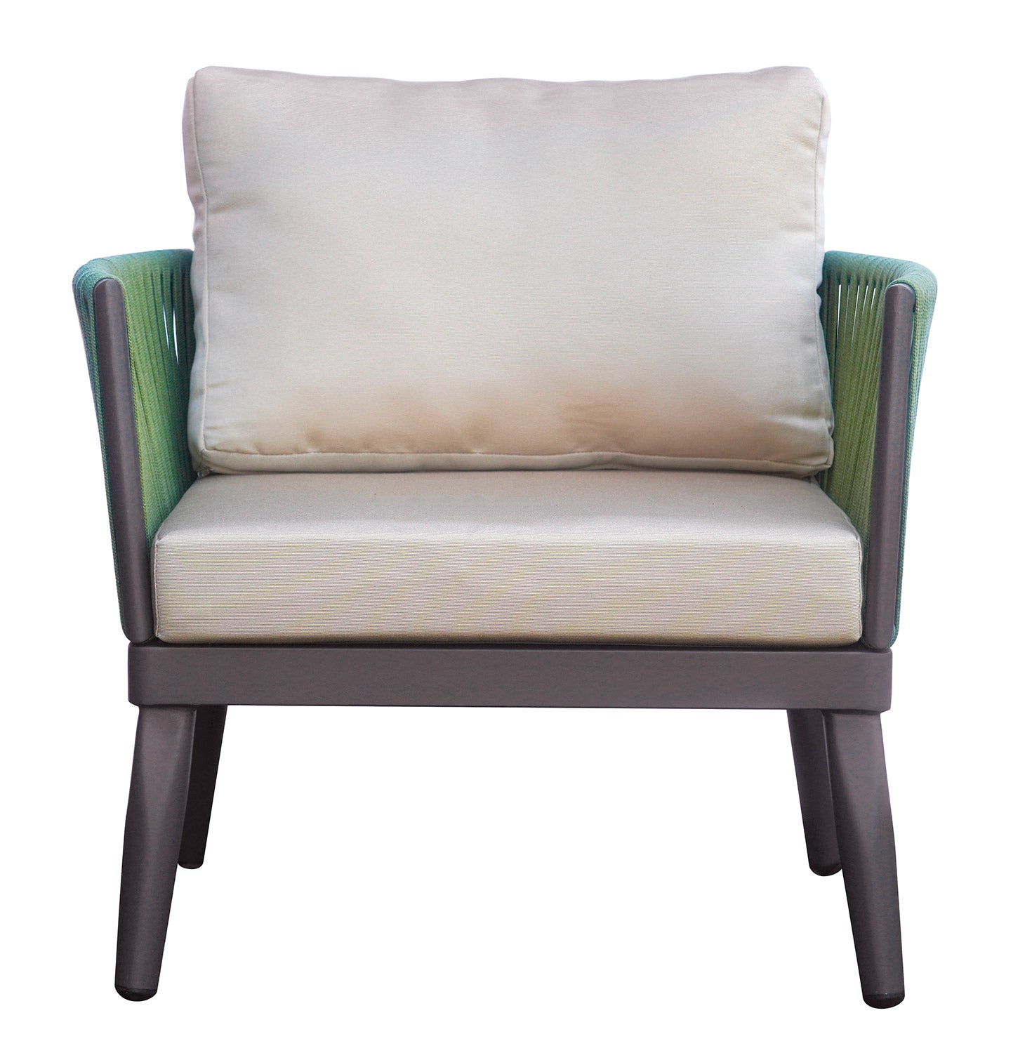 Set Salotto da Giardino Divano 2 Poltrone e Tavolino Nimes con Cuscini in Alluminio e Corda Verde e Grigio