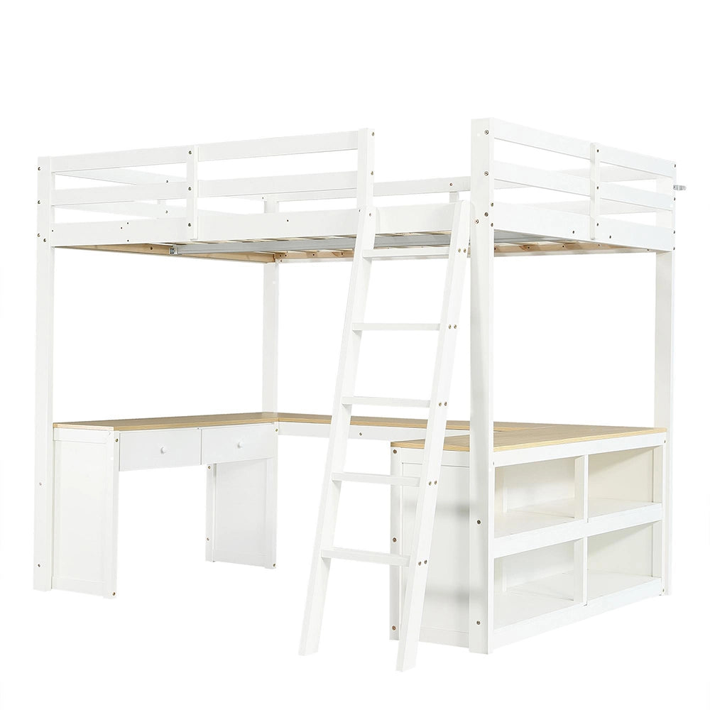 Letto a soppalco-Xylo-140x200cm tavolo a U 2 cassetti pino+MDF