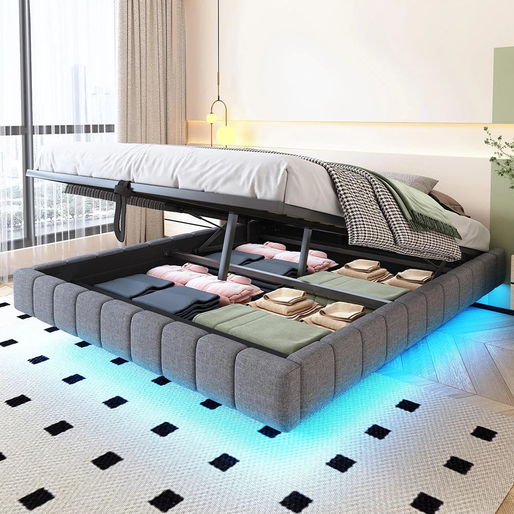 Letto-Xylo-160x200 cm-idraulico, LED, senza testiera, lino grigio