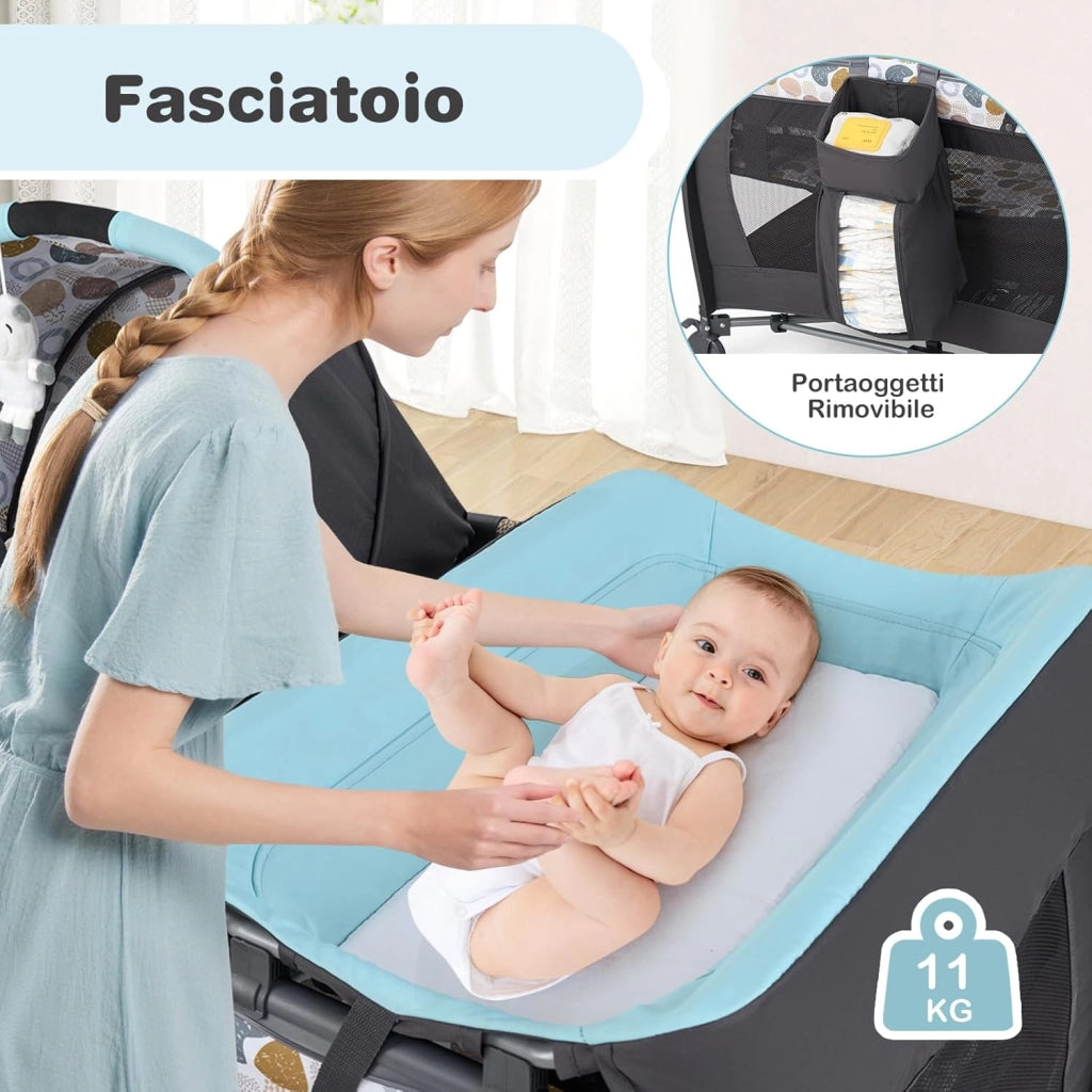 5 in 1 Culla Campeggio Bambini, Lettino Viaggio Neonati Pieghevole con Materasso, Fasciatoio, Box Portatile con Ruote, 2 Giocattoli e Carillon, per Bambini 0-3 Anni (Blu)