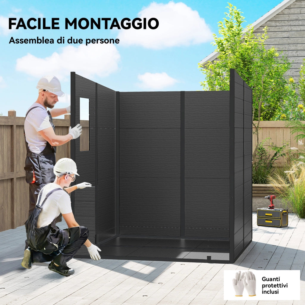 Casetta Box da Giardino 182x182x196 cm a 2 Ingressi con 3 Finestre e Prese d'Aria in PP e Alluminio Grigio Scuro