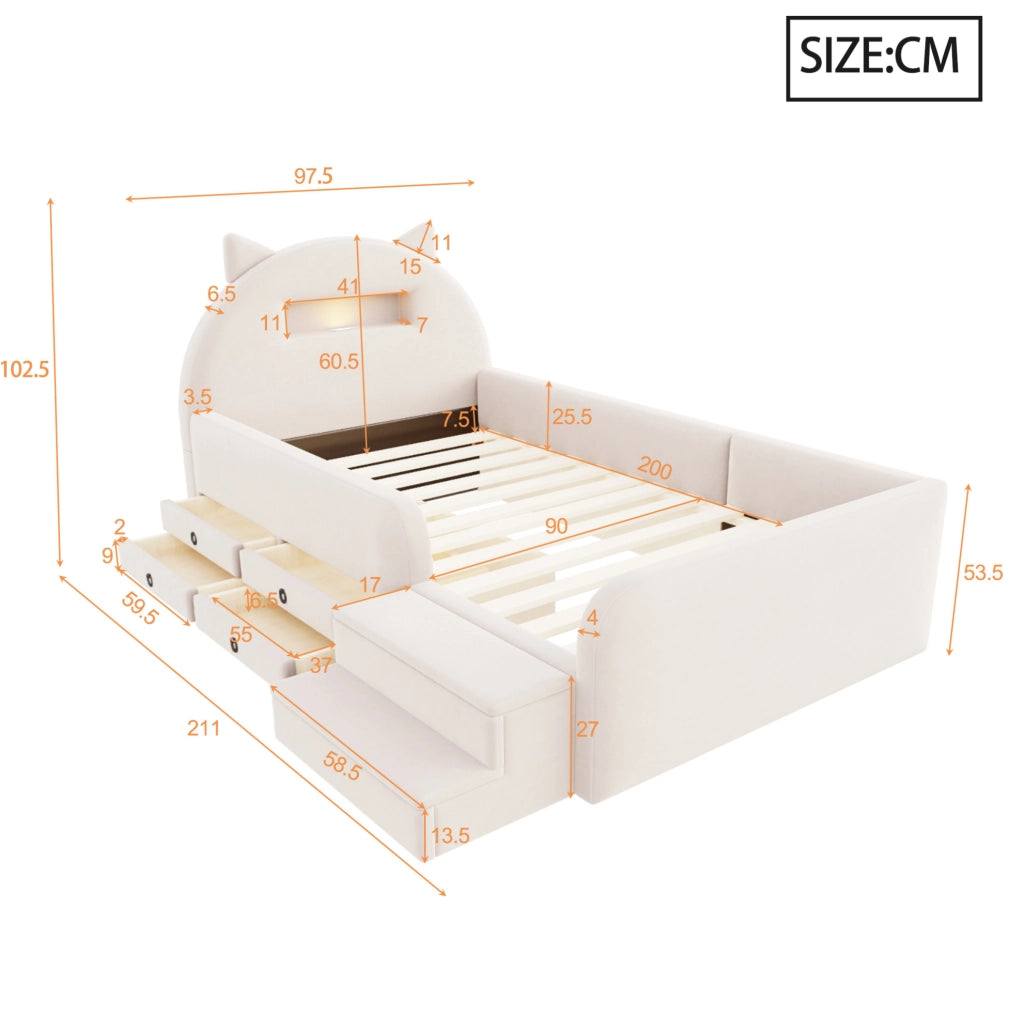 Letto imbottito per bambini 90x200 cm con contenitore; luce notturna e USB in velluto beige