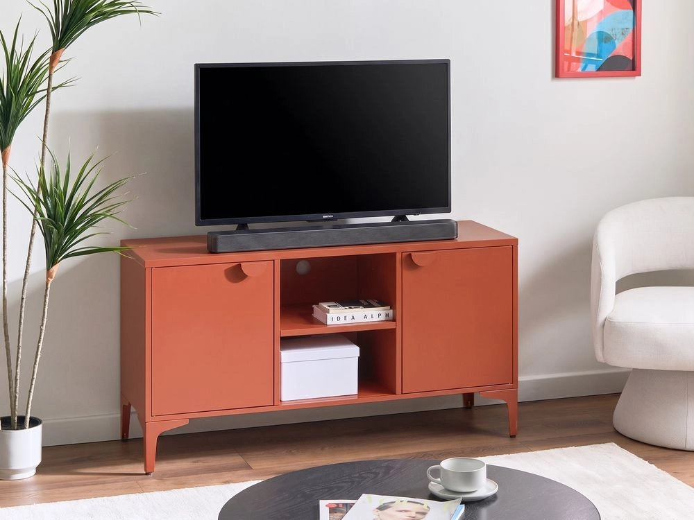 Mobile TV in acciaio verniciato color marrone dorato con 2 ante e 6 ripiani con vano aperto per soggiorno stile industriale