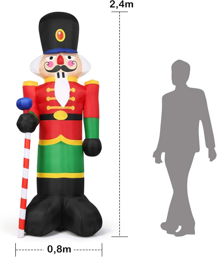 240cm Soldatino Schiaccianoci Gonfiabile, Soldato di Babbo Natale con 3 Luci LED, Decorazioni Natalizie con Soffiatore e Sacchi di Sabbia, per Uso Interno ed Esterno