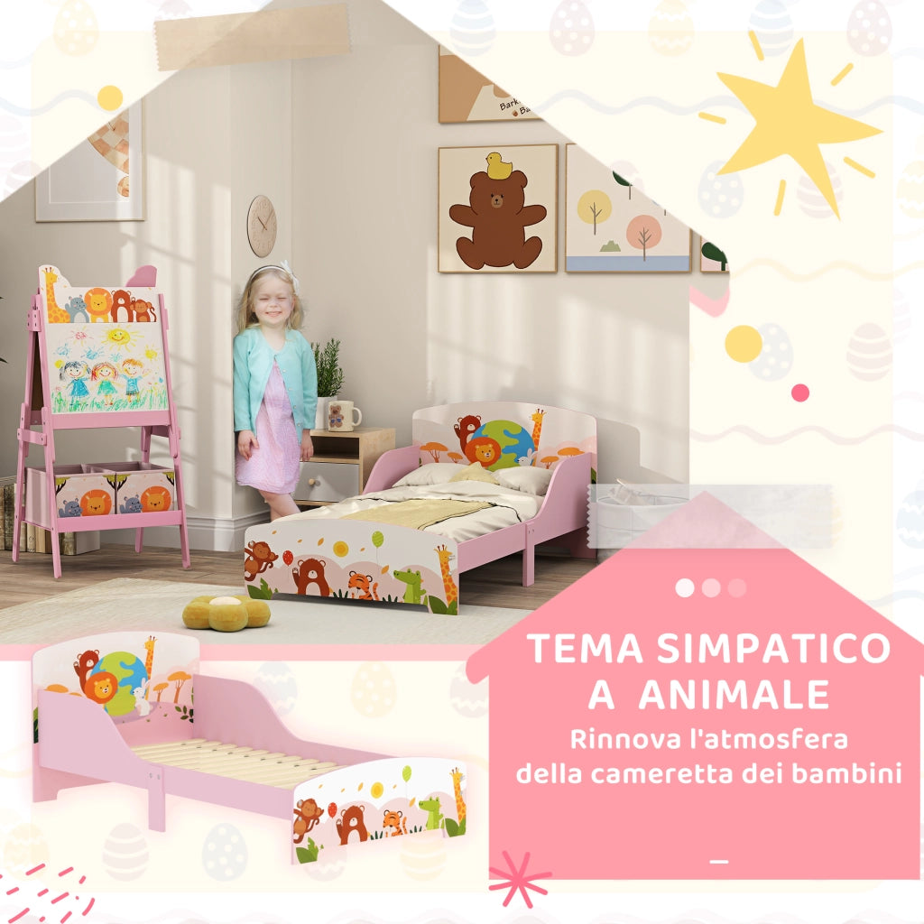 Lettino per Bambini 3+ Anni in Legno con Bordi Rialzati e Sponde di Sicurezza, 143x77x60 cm, Rosa