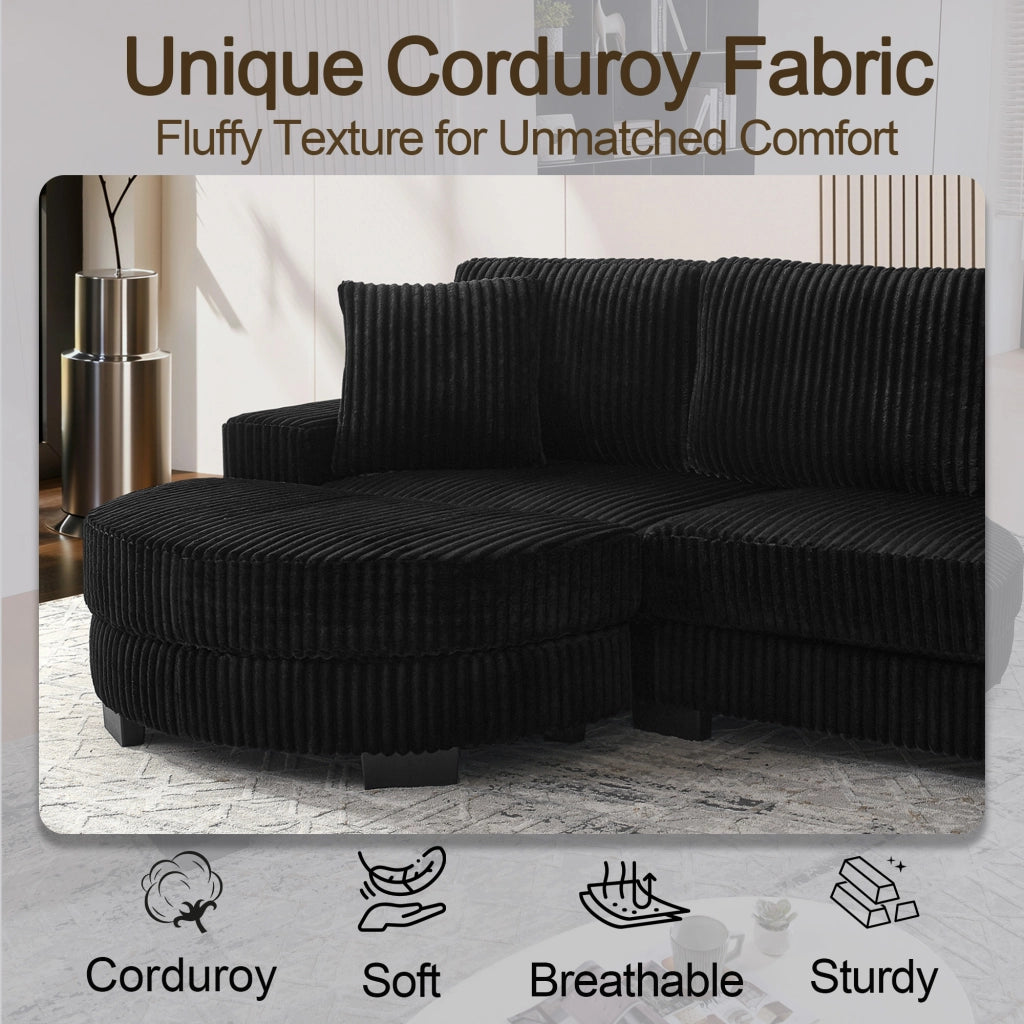 Divano angolare modulare in velluto a coste con pouf ovale reversibile e 2 cuscini nero 256,5 × 133,5 × 89 cm