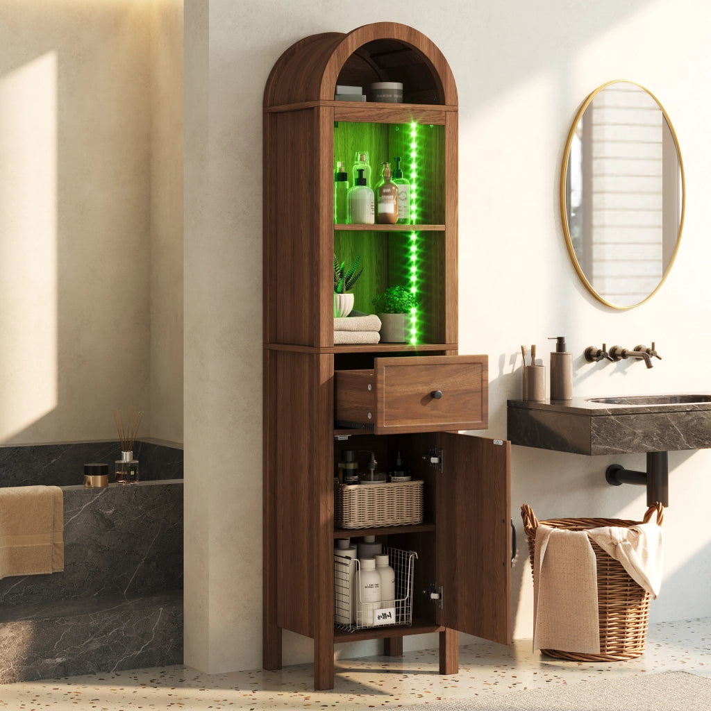 Colonna bagno con 2 ante reversibili; 1 cassetto; vani aperti e LED per bagno; in MDF; noce; 40×30×163 cm