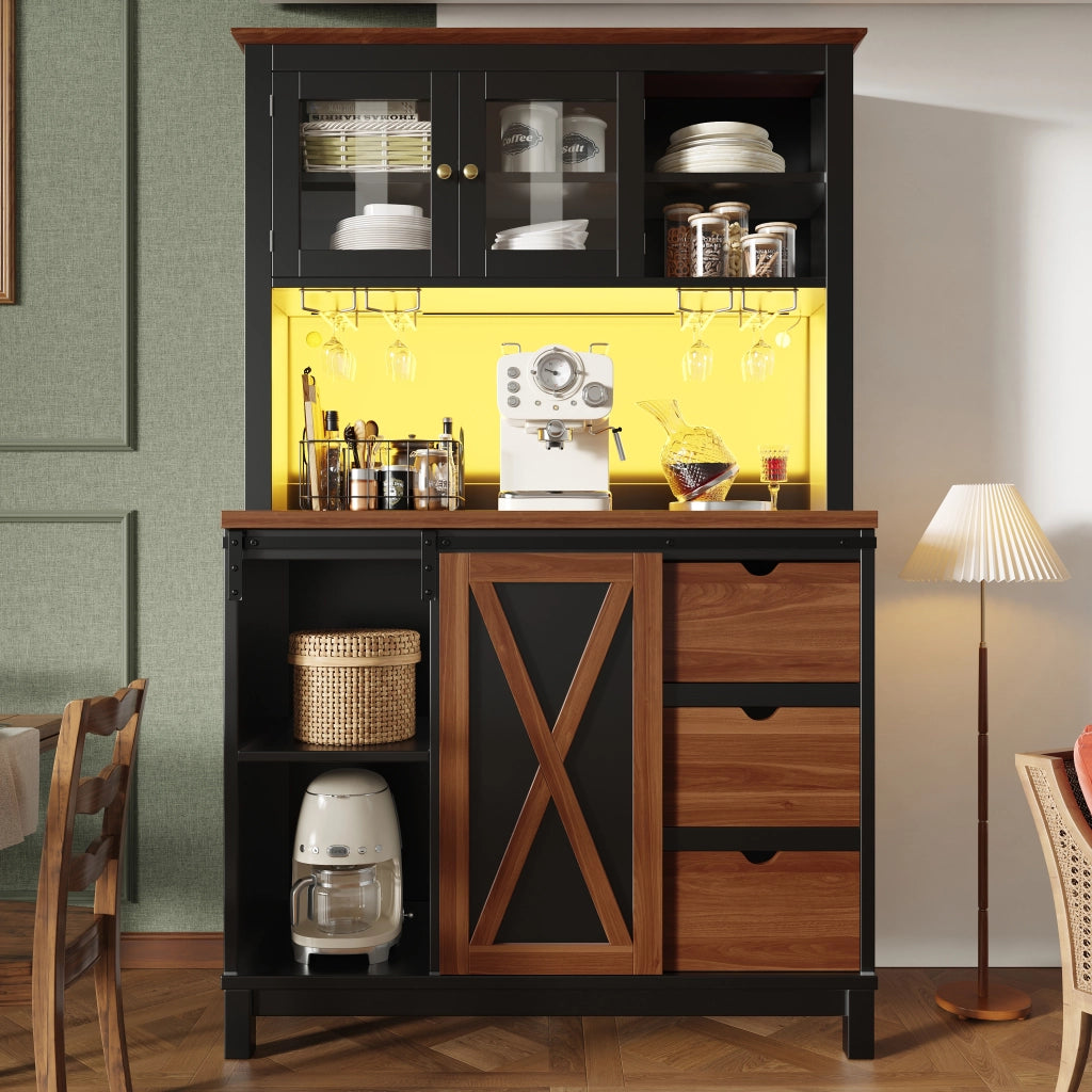 Colonna da Cucina con 1 Anta Scorrevole; 1 Cassetto; Ripiani Regolabili e LED in MDF Nero