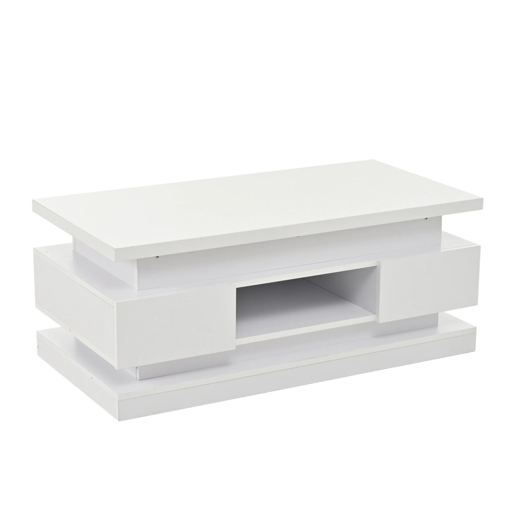 Tavolino basso sollevabile con LED, 2 cassetti e vano nascosto, per soggiorno, in truciolare, bianco, 100 × 50 × 40 cm